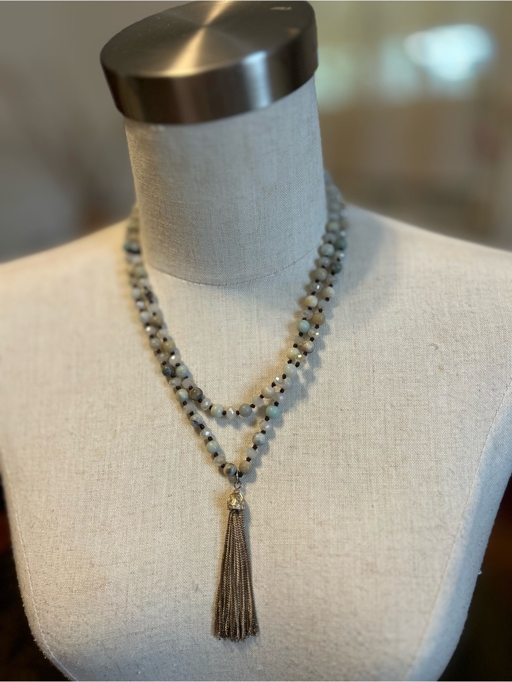 Layered Beaded Tassel Necklace in Sage and Gray Agate and Crystal beads